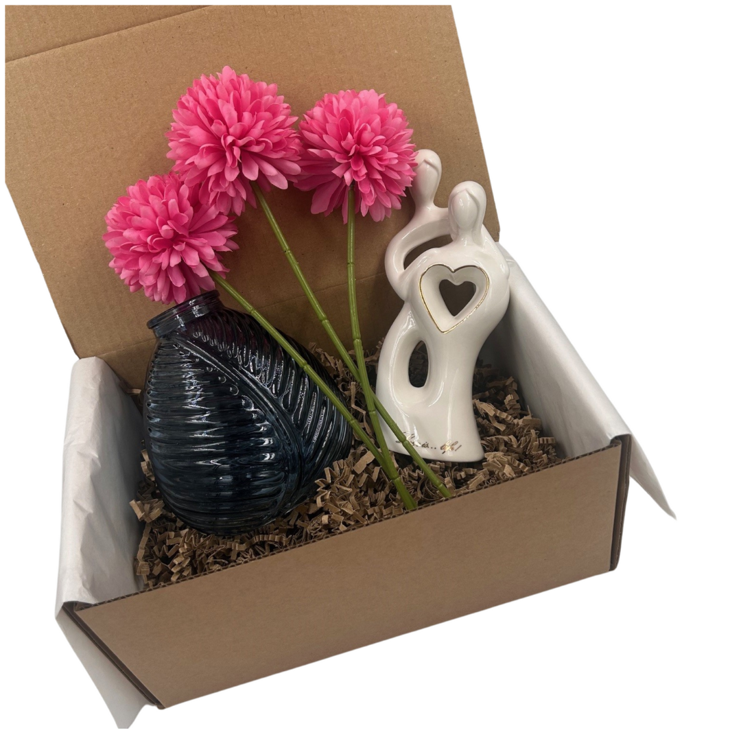 Love is Life Figurine White & Gold - with Blue Vase & Flowers Treat Box Gift Set