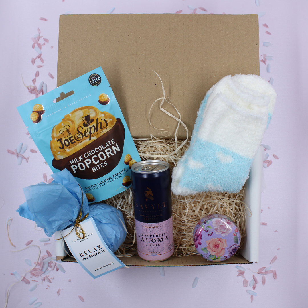 Aqua blue socks drink and snack relaxing treat box gift idea for her