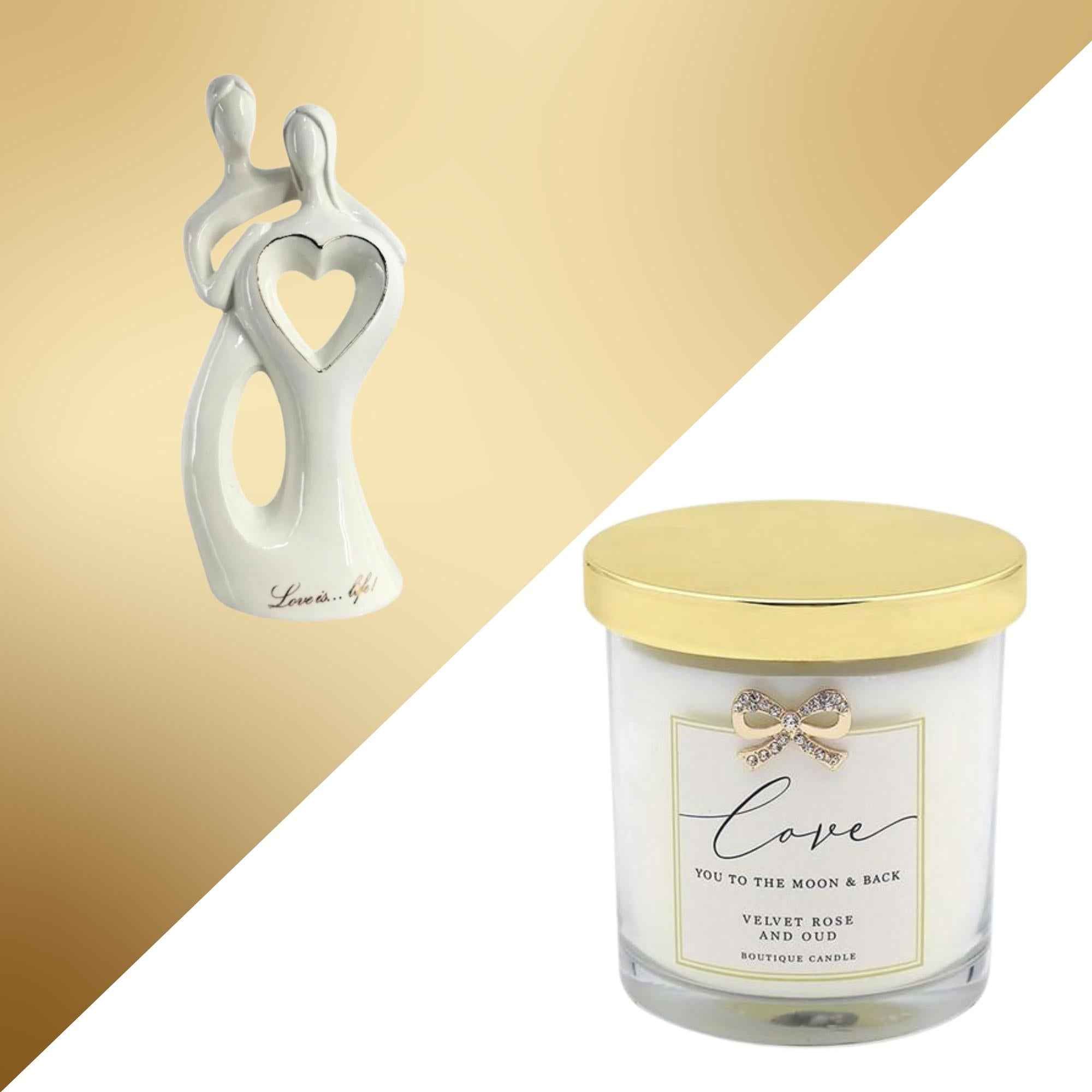 Love White & Gold Wedding Anniversary Gift Box Treat Box - Candle & Figurine