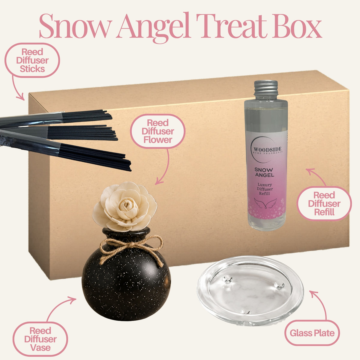 Black Round Reed Diffuser Set With Refill Reeds & Plate - Snow Angel