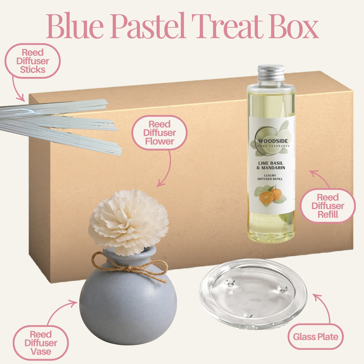 Blue Pastel Reed Diffuser Gift Set With Reeds & Plate - Lime Basil & Mandarin Fragrance