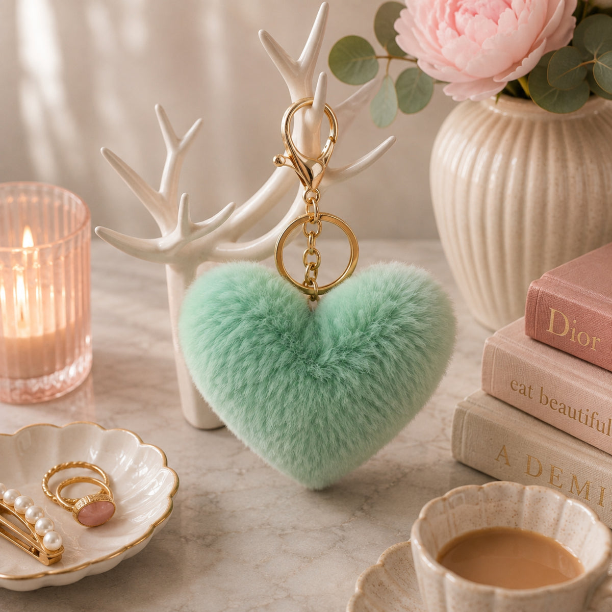 Mint Green Fluffy Heart Keyring