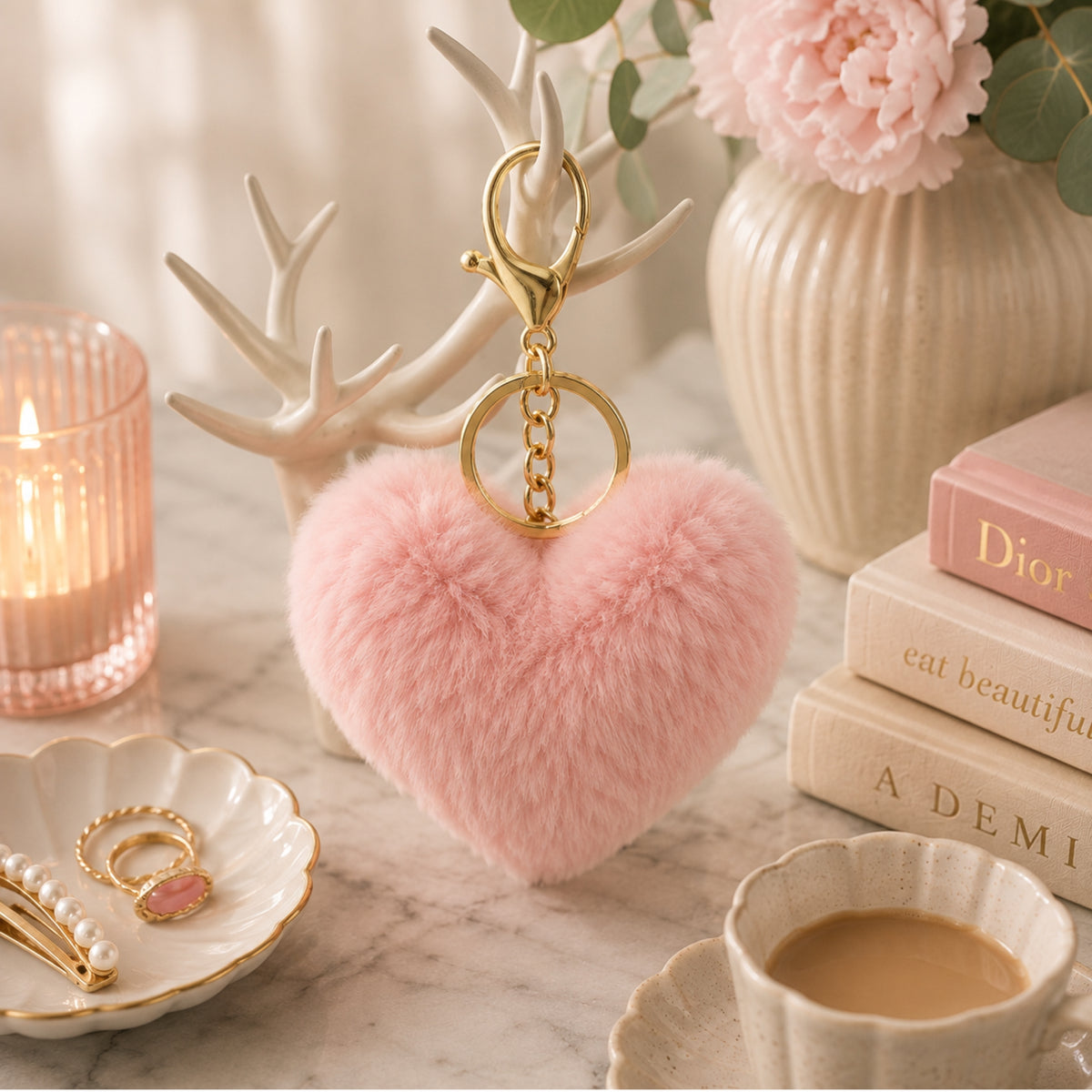 Pink Fluffy Heart Keyring