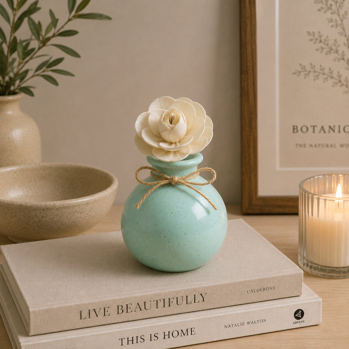 Green Reed Diffuser Vase Gift Set With Pink Grapefruit & Lily Fragrance