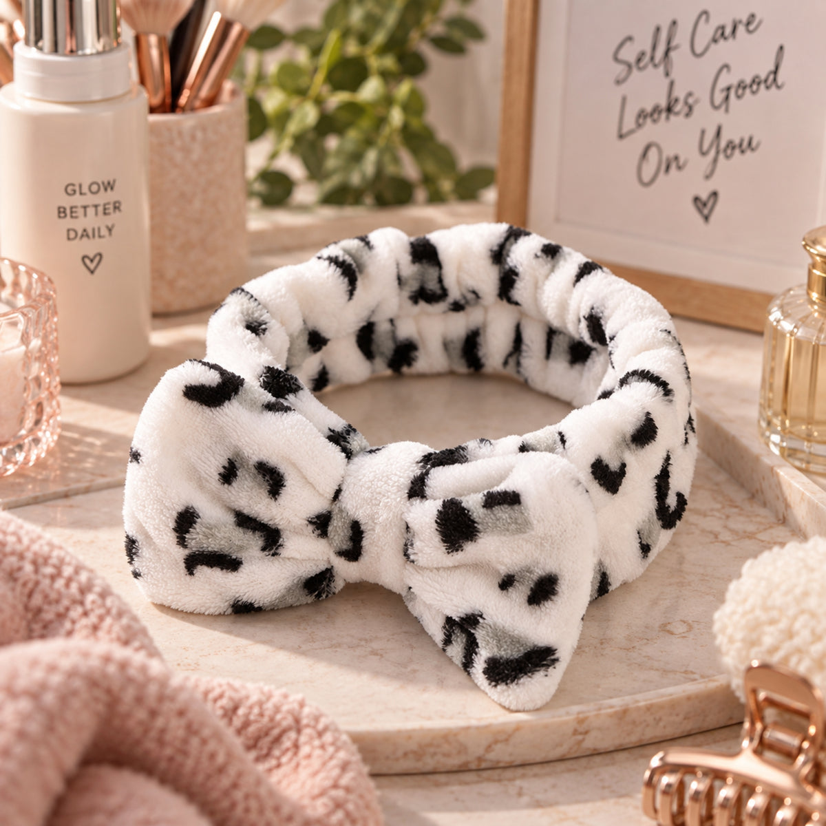 White Animal Print Fluffy Spa Makeup Headband