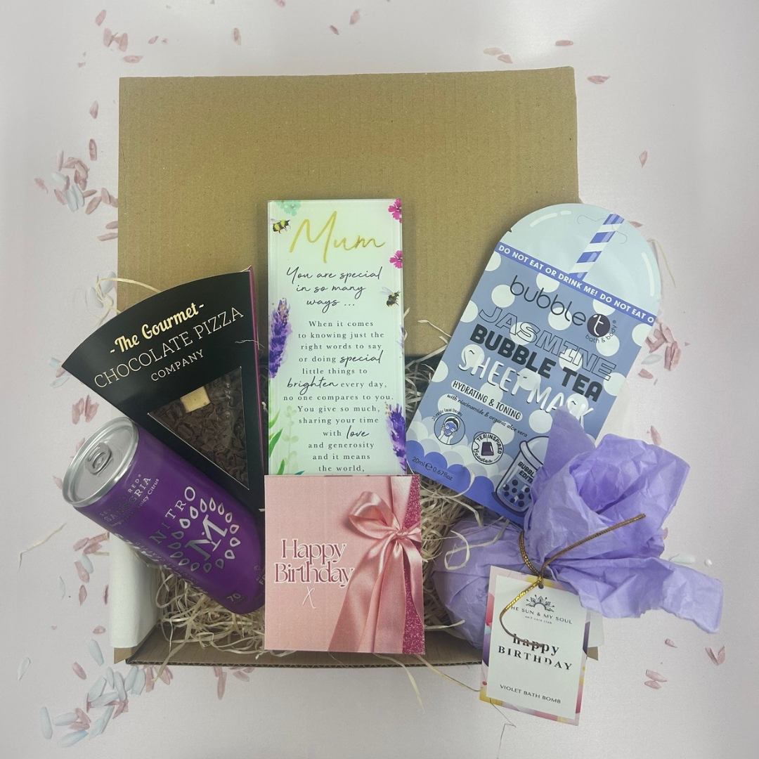 Mum happy birthday purple gift treat box includes chocolate pizza, keepsake plaque, bath bomb and sheet face mask - purple aesthetic 