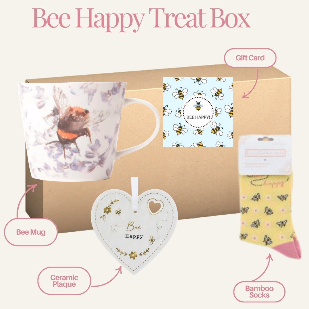 Bee Happy Mug Plaque Socks Treat Box Gift Hamper	
