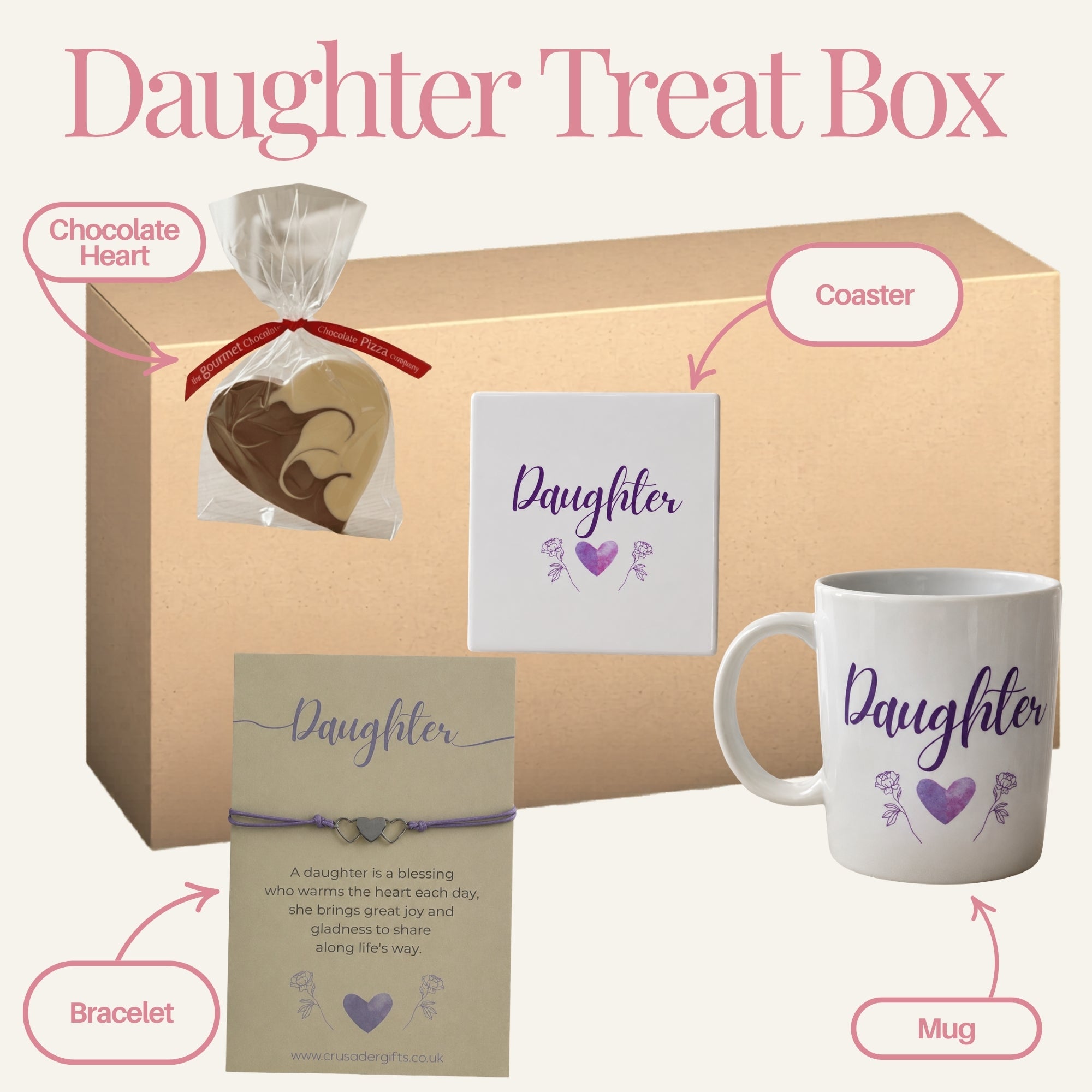 Daughter Purple Heart Ceramic Mug & Tea Gift Treat Box - Labelled