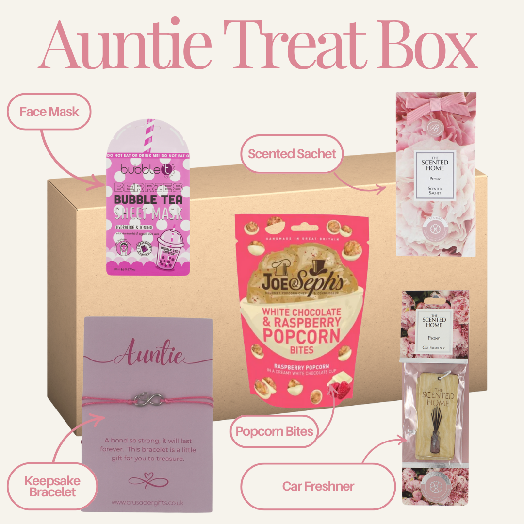 Auntie Pink Infinity Heart Treat Box - Home Fragrance & Popcorn Sweet Treat - Labelled
