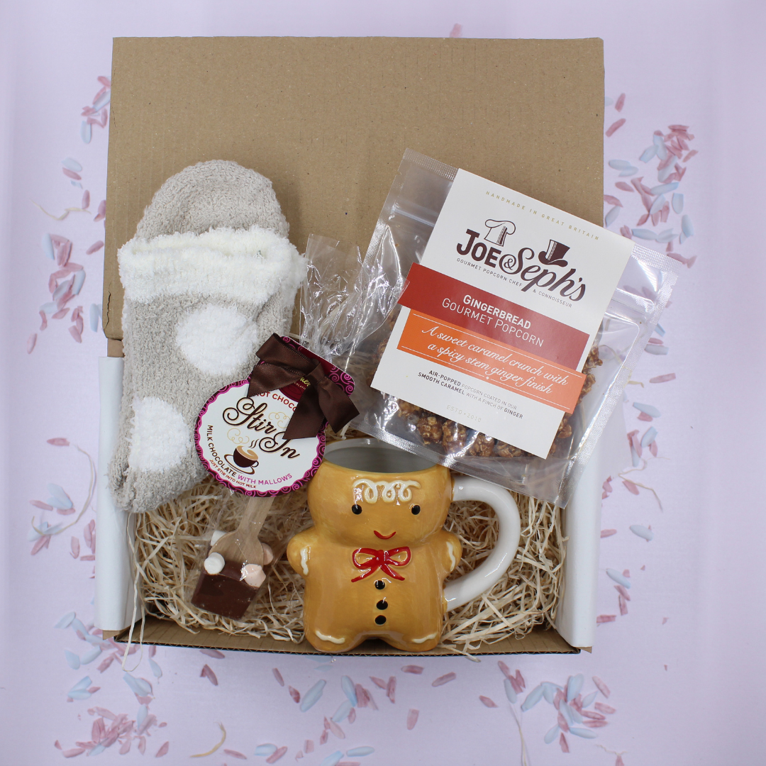 Gingerbread Man Cosy Winter Treat Box Socks Popcorn Chocolate Stirrer