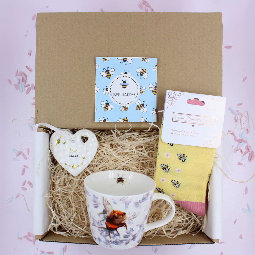 Bee Happy Mug Plaque Socks Treat Box Gift Hamper