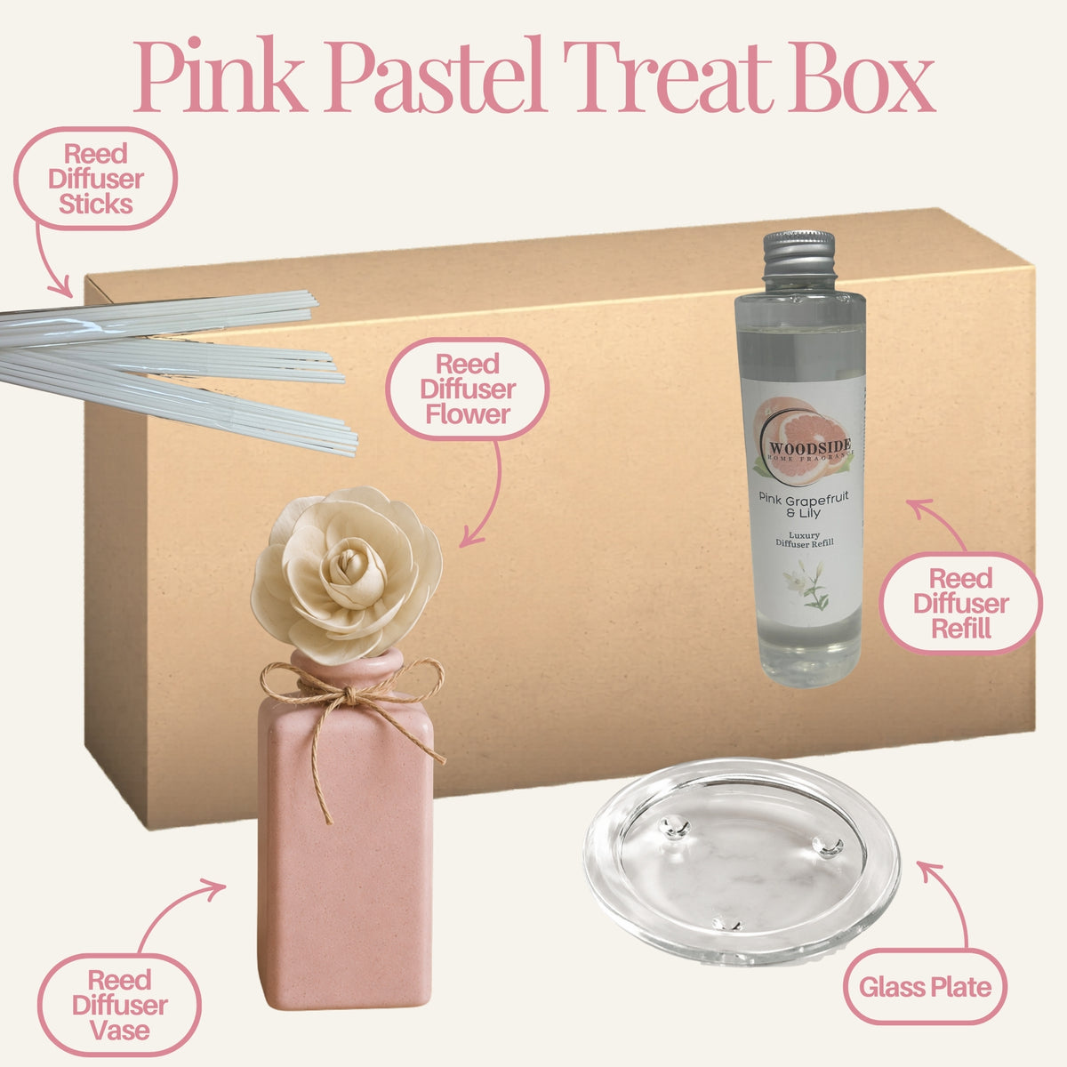 Pink Pastel Reed Diffuser Gift Set With Reeds & Plate - Pink Grapefruit & Lily Fragrance