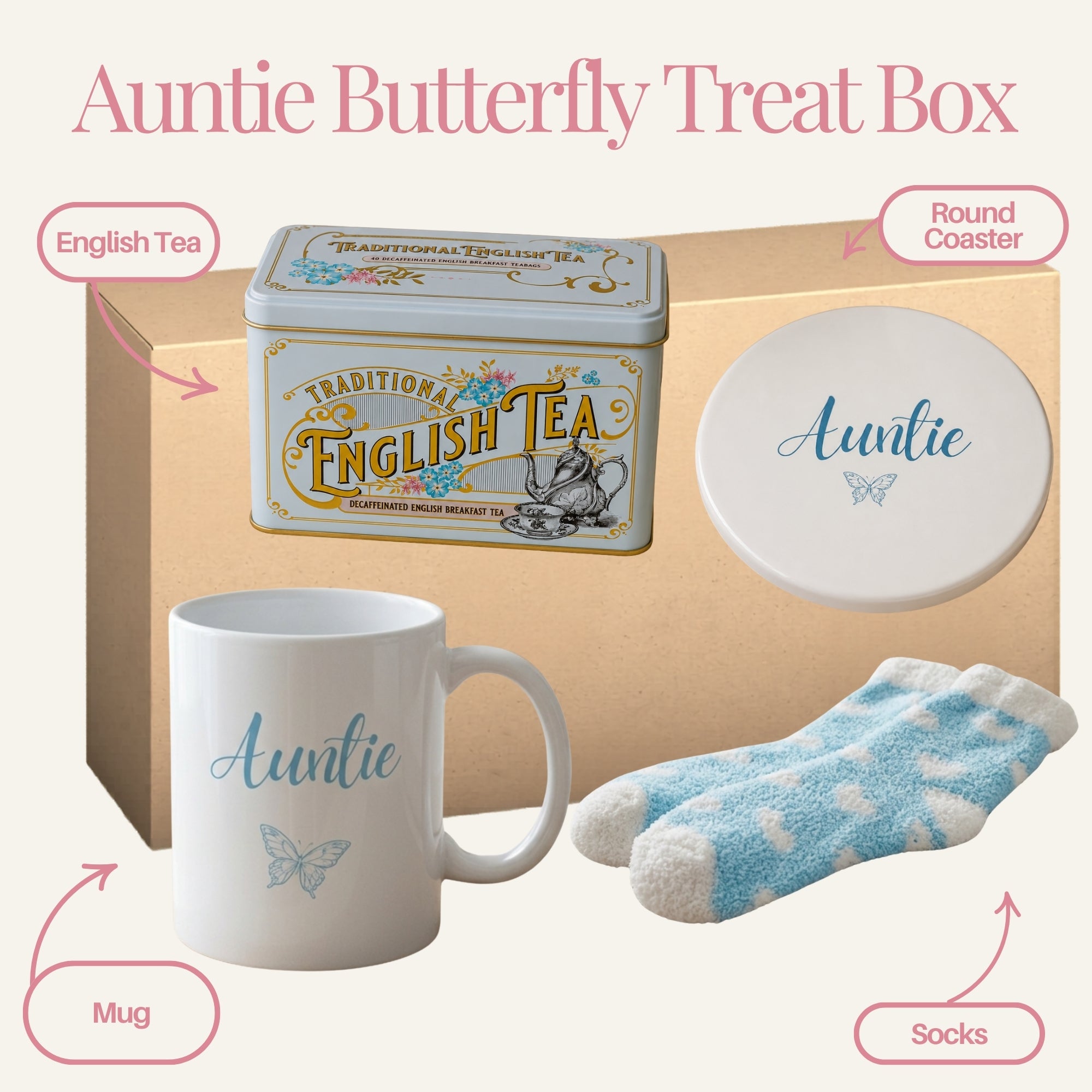 Auntie Butterfly Mug & Coaster Blue Treat Box - Labelled 
