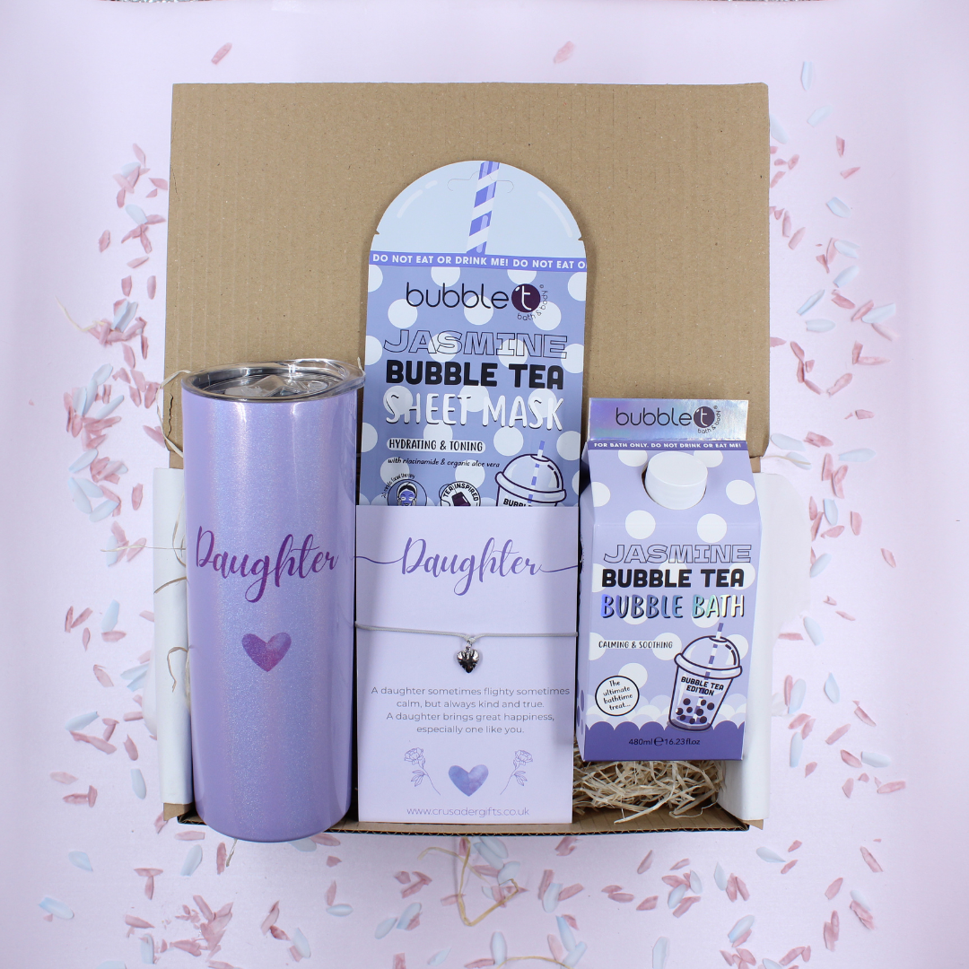 Daughter Purple Heart Drinks Bottle & Pamper Gift Treat Box