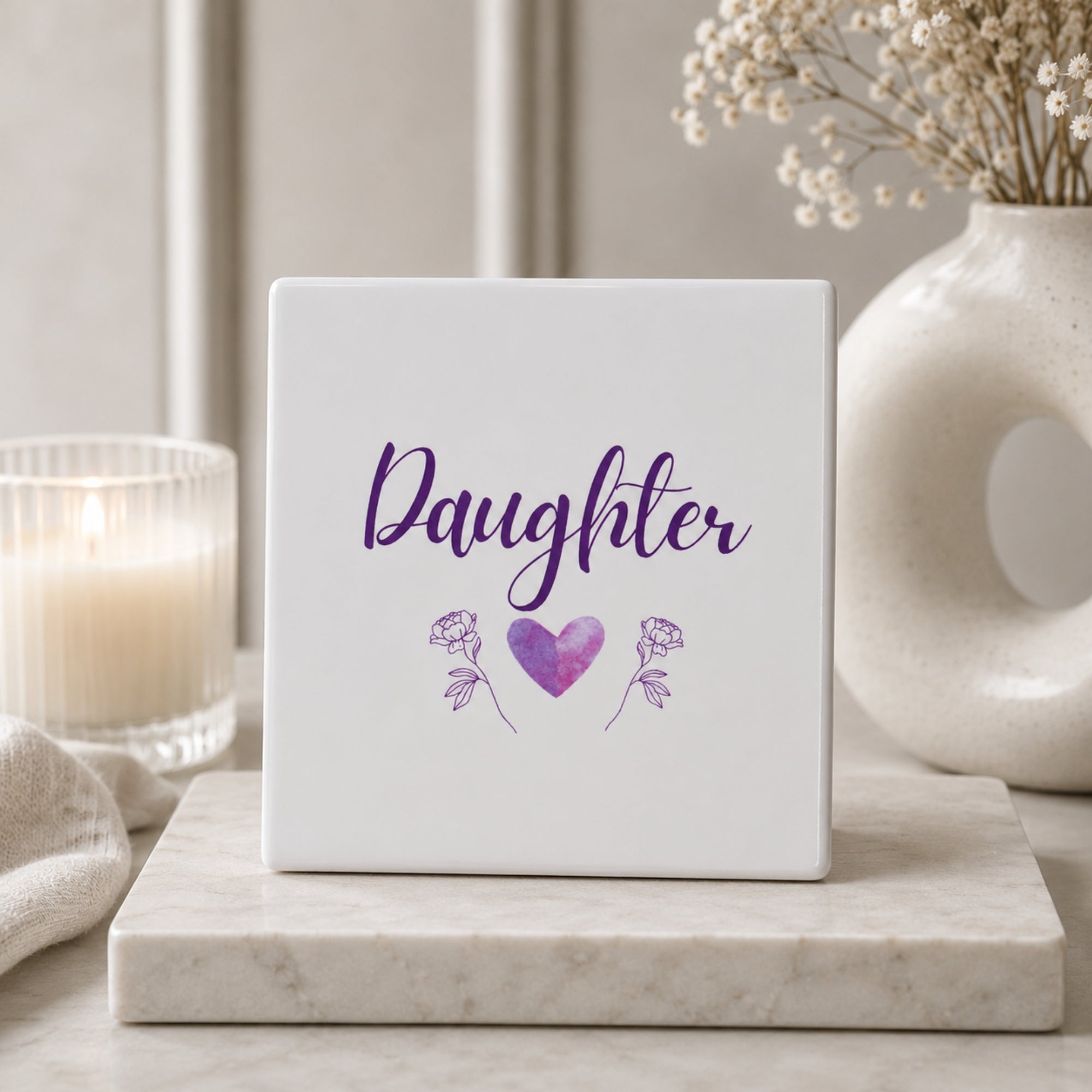 Daughter Purple Heart Ceramic Mug & Tea Gift Treat Box - Coaster