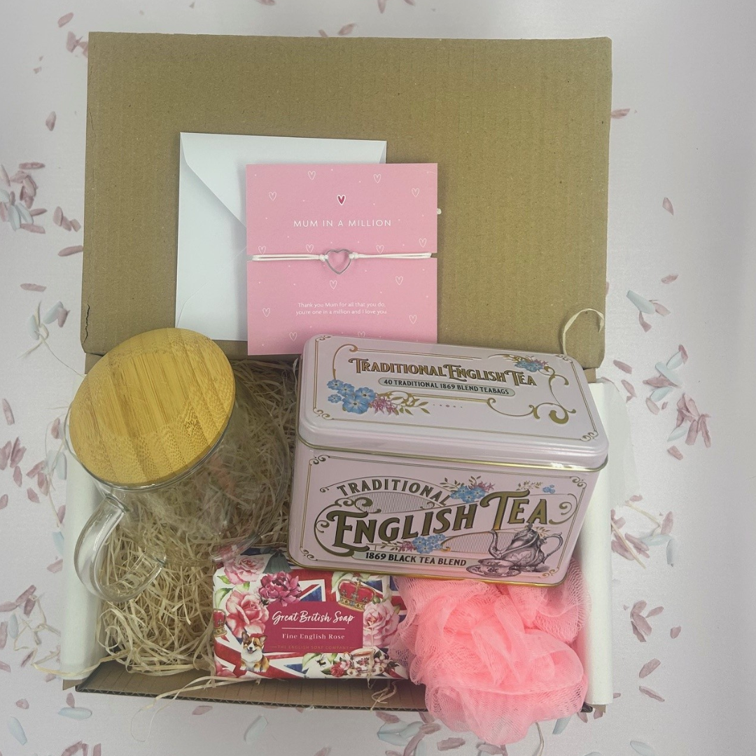 Mum in a Million pink mug and tea gift box – thoughtful friend gift set with pink themed design
