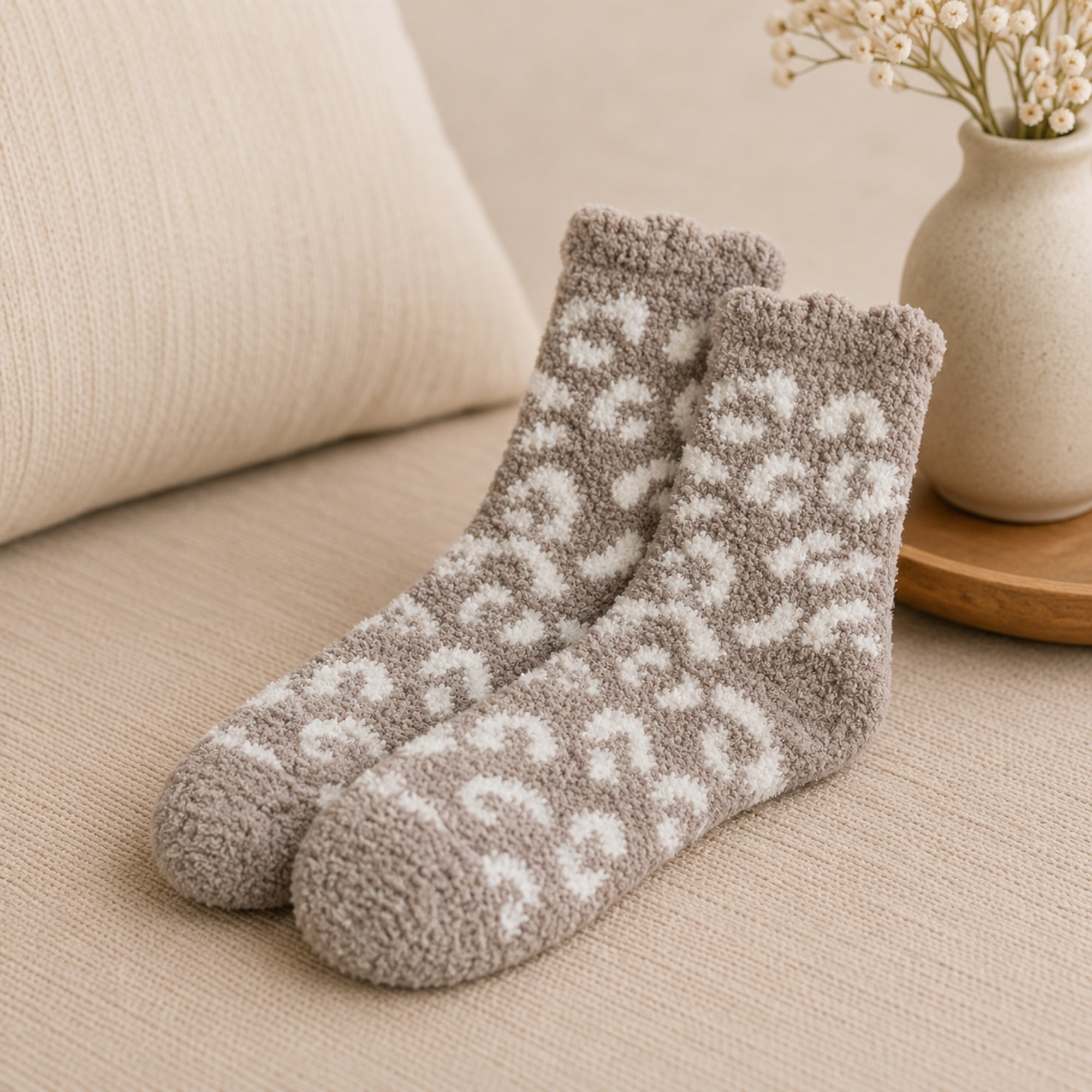Latte Animal Print Fluffy Socks