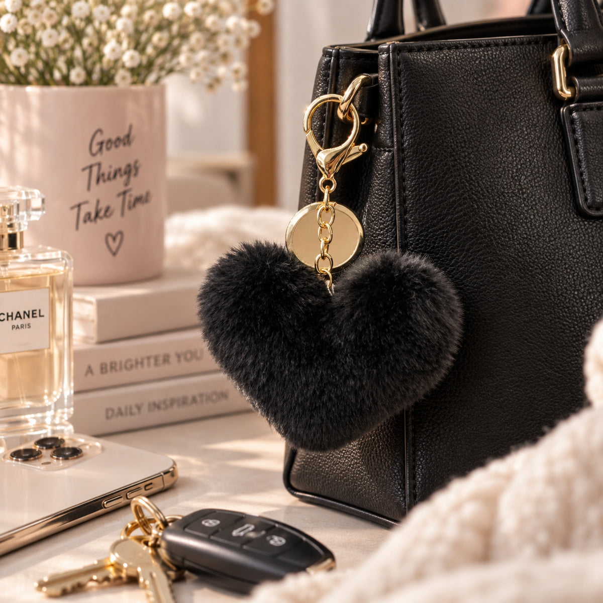 Black Fluffy Heart Keyring